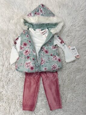 Little Lass 3Pc Floral Hooded Puffer Vest Set with Pink Leggings 12 Months NWT